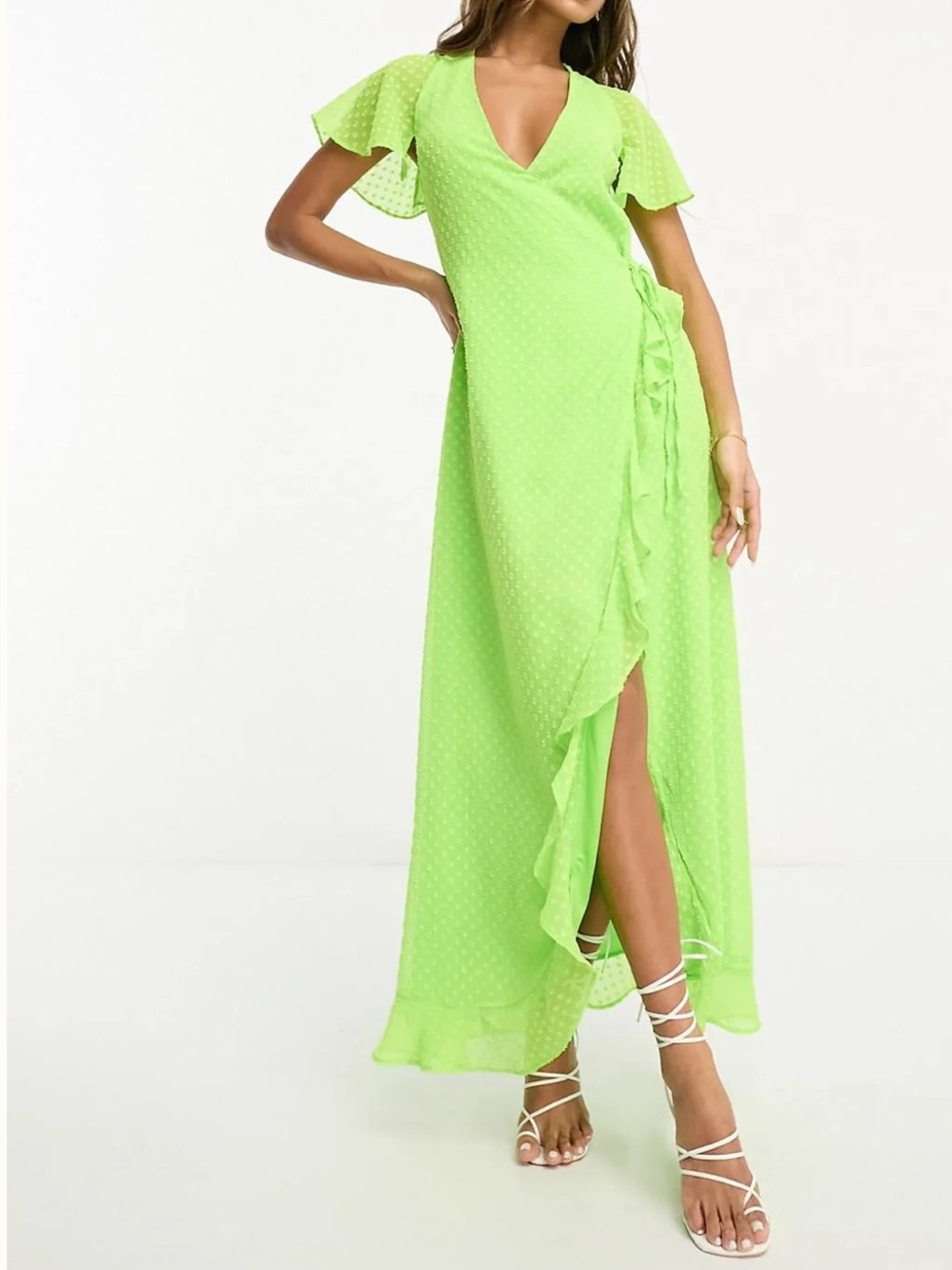 ASOS DESIGN Lime Green Dobby Swiss Dot Frill Wrap Maxi Dress NWT Size 4